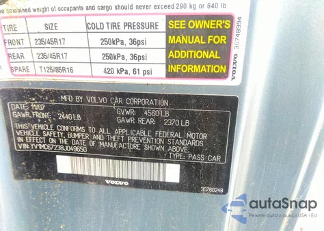 2008 Volvo C70 T5/T5 M из США, поврежденный, VIN YV1MC67238J049650